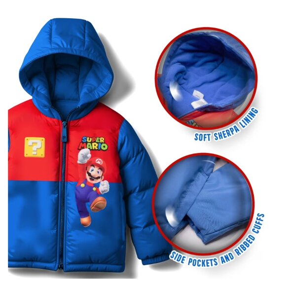 Nintendo Super Mario Bros Boy Winter Puffer Jacket Mario Kart Graphic Print 8 - Picture 3 of 6